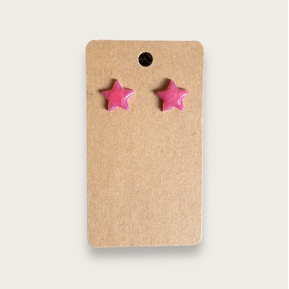 Handmade Hot Pink Glittery Star Studs - Handcrafted - One of a Kind - Picture 3 of 4